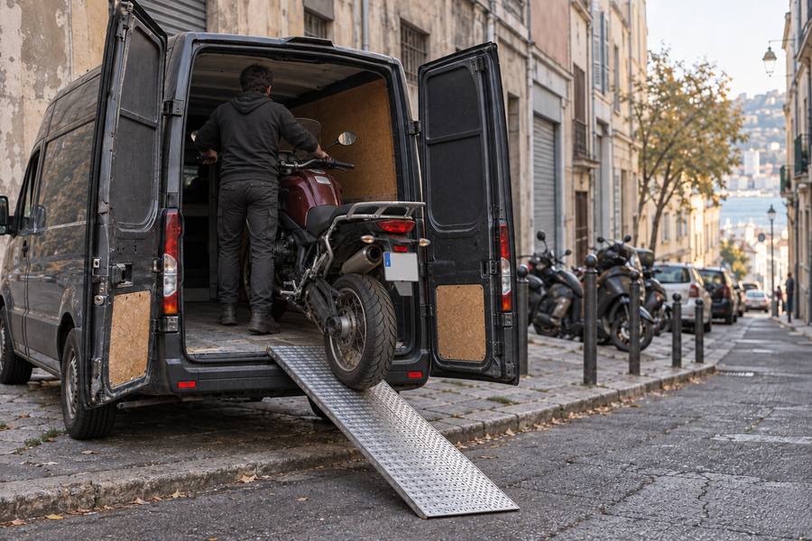 Moto engagée sur la rampe à l’arrière d’un camion fermé, rue pavée en pente