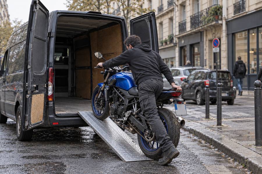 Moto bleue poussée sur la rampe de chargement vers un camion fermé, rue parisienne mouillée