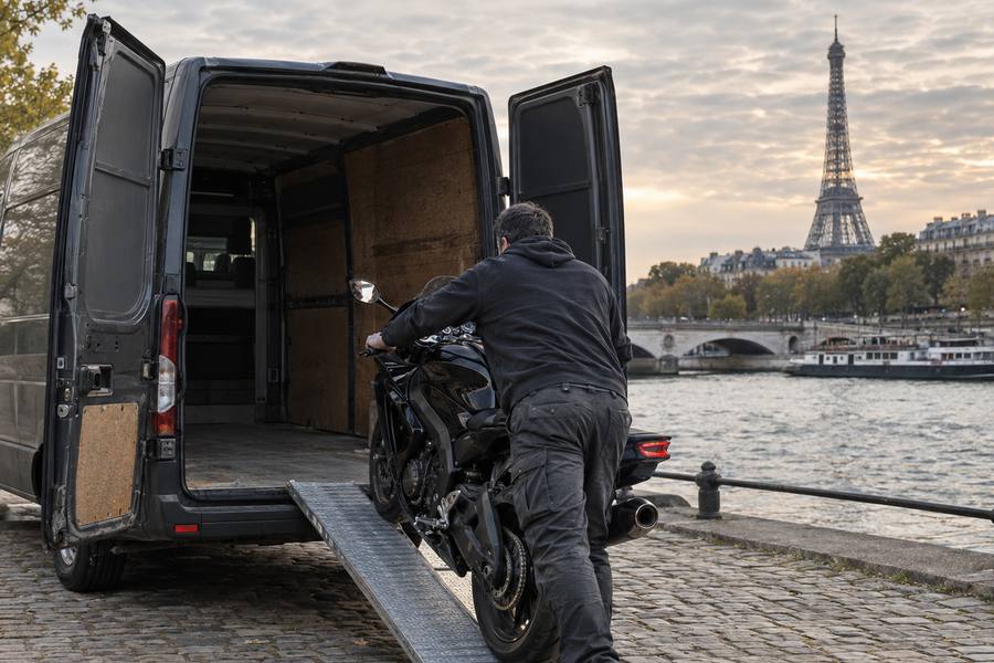 Moto noire chargée dans un camion fermé sur les quais de Seine, tour Eiffel en arrière-plan